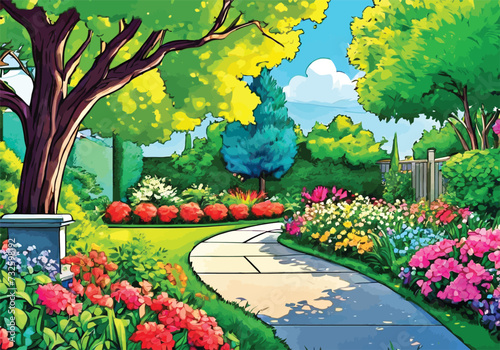 Garden landscape with vibrant flowers and greenery: Animation Vector illustration. Sunny courtyard area with Flowers and grass.	
