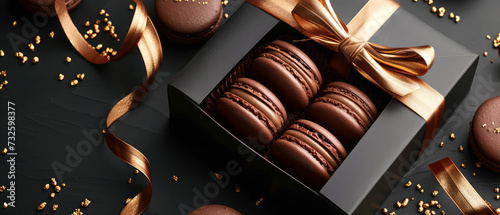 Dark chocolate macarons in gift box on black background with golden decoration. Pastry food mockup. Layout,  flat lay. Generative ai photo
