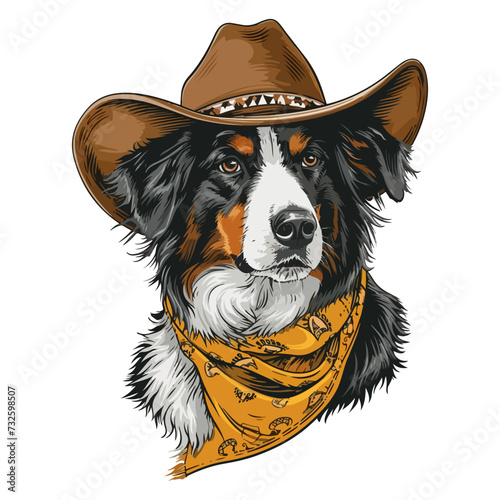 Australian Shepherd Dog Head wearing cowboy hat and bandana around neck