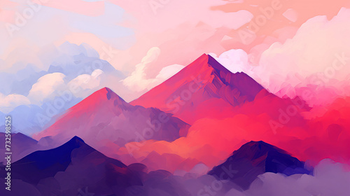 Colorful mountain landscape with clouds in the sky. Vector illustration