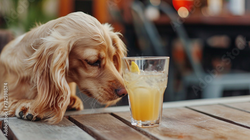 drunk dog drinking a cocktail. dog cheering a toast with cocktail drink, looking up. AI Generative photo
