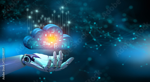 Robot hand holding Cloud computing technology internet storage network. Cloud service, Cloud technology, and Cloud storage Concept. © Peachayatanomsup