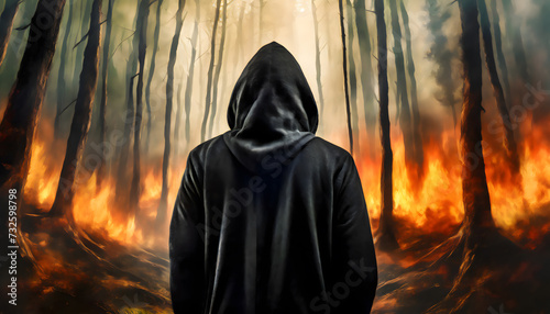 Person schwarz gekleidet mit Kapuze, von hinten, vor einem brennenden Wald, fotorealistisch