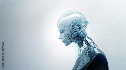 3D rendering of a female robot with cyborg head and brain