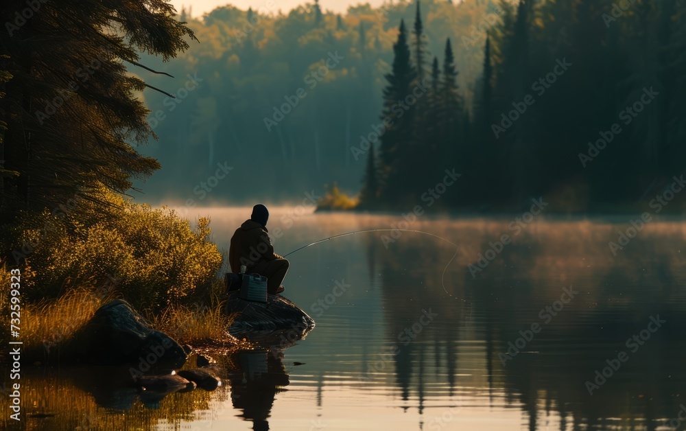 Lone Fisherman at the early morning light reflecting off the water, capturing patience and tranquility.