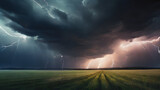 lightning in the field, storm over the field, Generative AI 