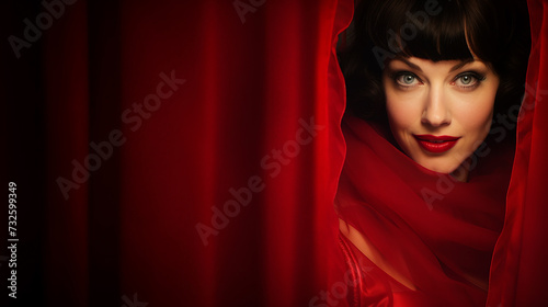Portrait of beautiful woman with red cloth on red curtain background