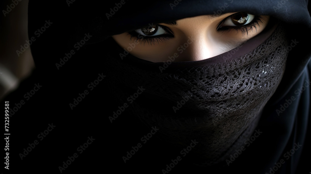 Close up portrait of a beautiful arabic woman in black hijab