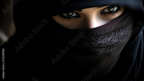 Close up portrait of a beautiful arabic woman in black hijab photo