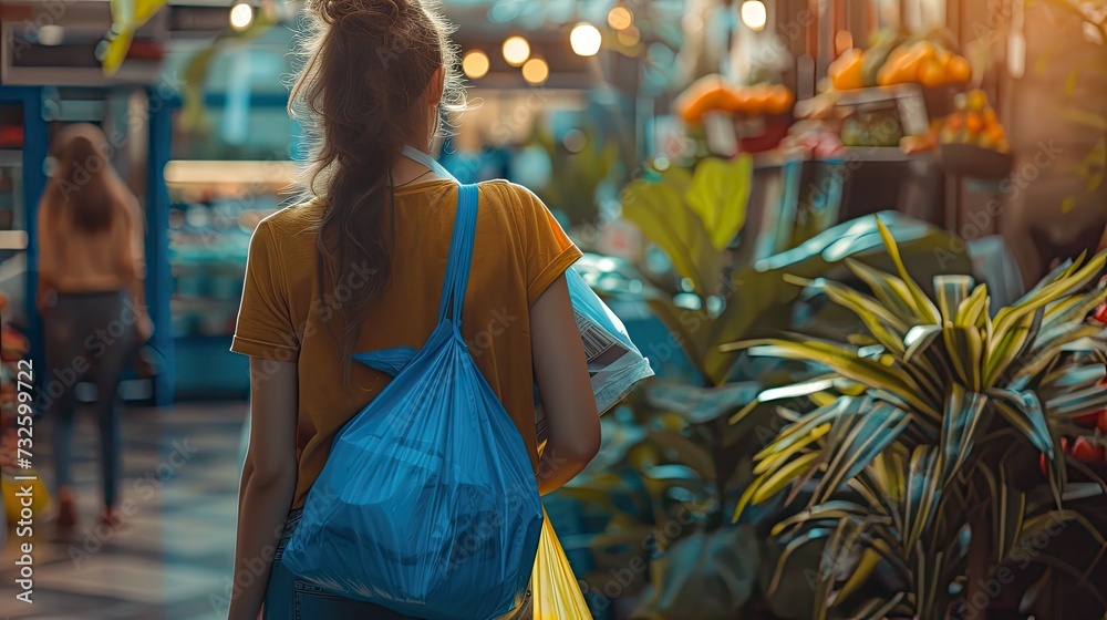A woman carries a plastic grocery bag while walking through a colorful flower market on a fresh morning 