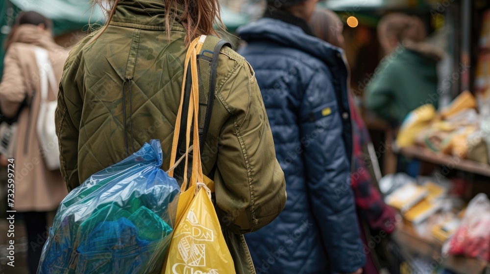 Back view of a woman with a reusable shopping bag walking through a sunlit farmers market 