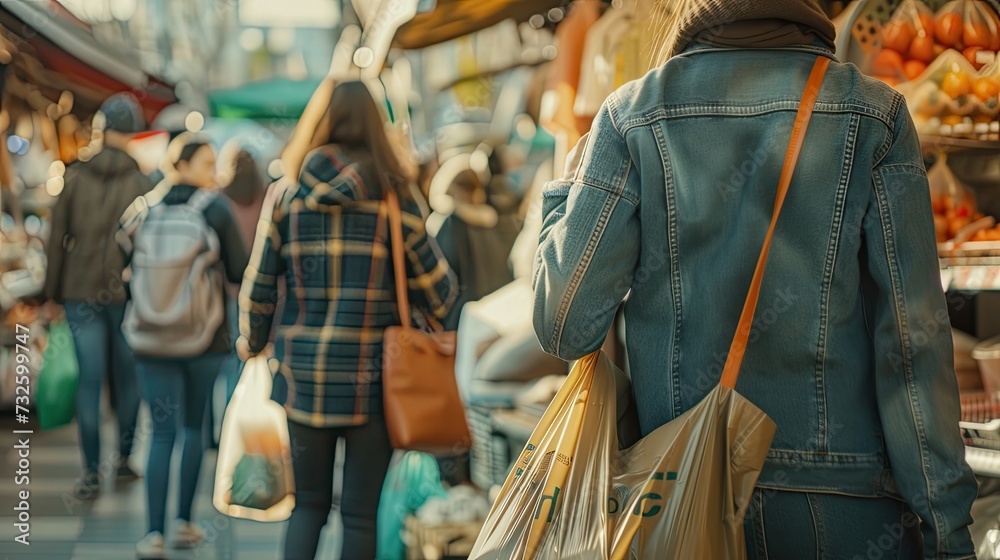 Rear view of a casual shopper with a plastic bag, exploring a local food market on a sunny day