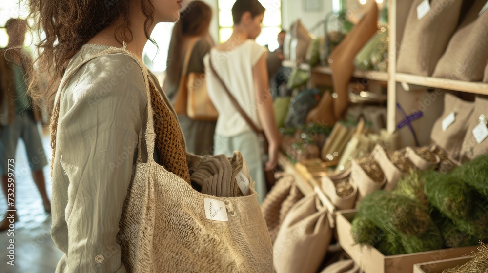 A woman with a reusable bag shops for eco friendly products at a sustainable living market 