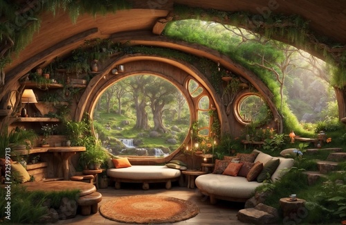A cozy hobbit hole nestled in the heart of a lush forest, surrounded by vibrant greenery and the soothing sounds of nature.