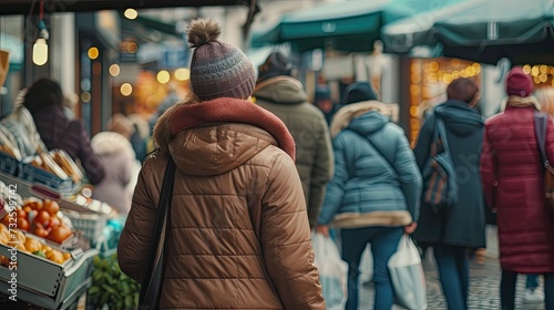 People bundled up in winter clothing shopping at a crowded outdoor market on a chilly day 