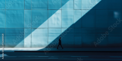 Une silhouette d'homme costumé marche dans un décors abstrait, géométrique et bétonné, monochrome de bleu photo