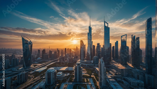 Urban photograph featuring the skyline of a smart city  a futuristic financial center with impressive skyscrapers against a blue backdrop infused with the warmth of sunlight.