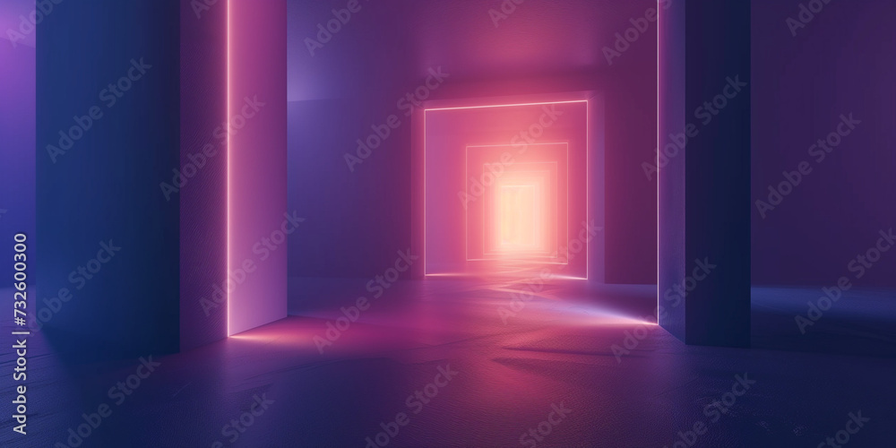 Pièce abstraite en monochrome de violet jusqu'au centre orange clair, couloirs en enfilade Pièce abstraite en monochrome de violet jusqu'au centre orange clair, couloirs en enfilade