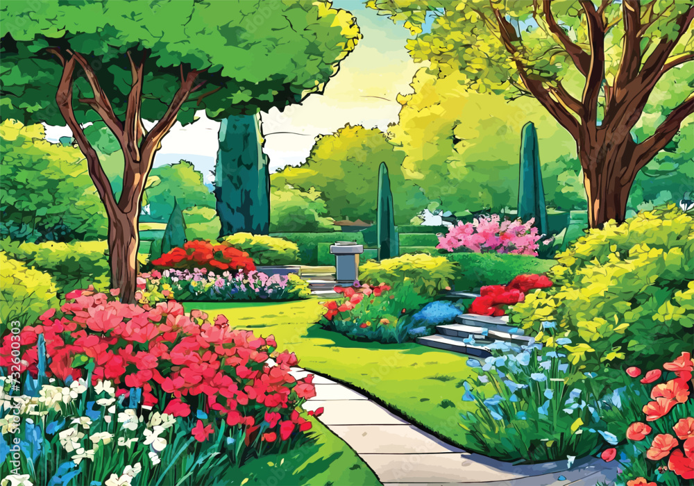 Garden landscape with vibrant flowers and greenery: Animation Vector illustration. Sunny courtyard area with Flowers and grass.	
