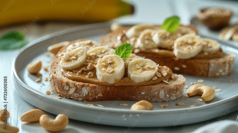Toast Layered with Nut Butter, Banana Slices, and Cashews, Captured in Close-Up on a White Background