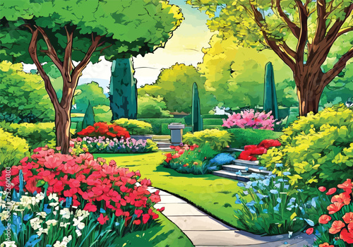 Garden landscape with vibrant flowers and greenery: Animation Vector illustration. Sunny courtyard area with Flowers and grass.	
