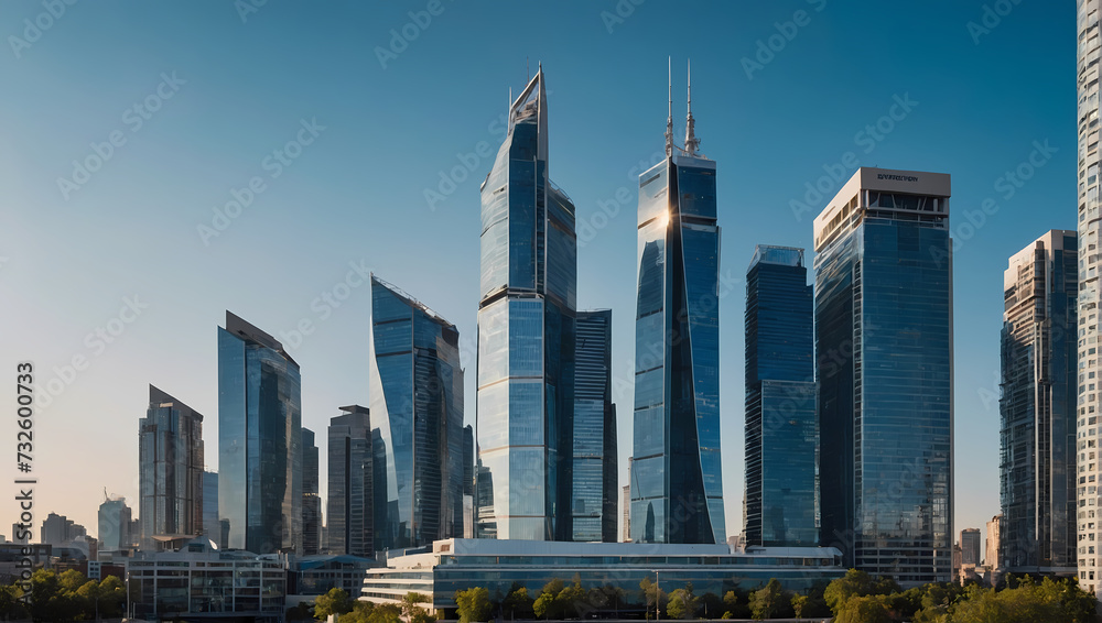 View of a smart city's contemporary skyline, a visionary financial district with modern high-rises, and a calming blue background illuminated by gentle sunlight.
