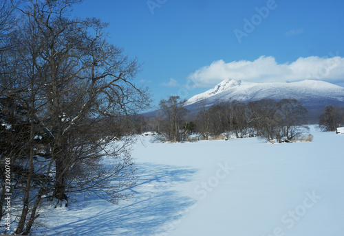 A view of the park in winter after it snows.