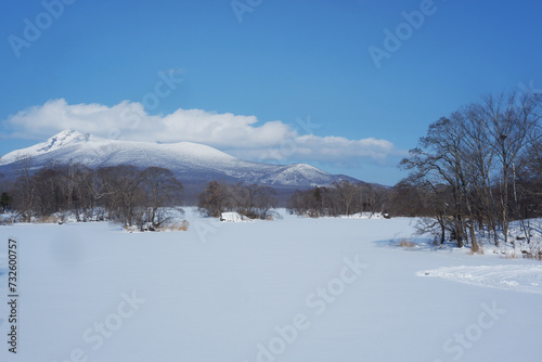 A view of the park in winter after it snows.