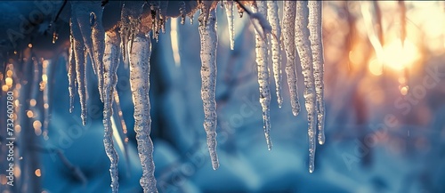 Close-Up of Icicles Hanging from the Roof as Spring Melts the Snow and Morning Frost Sparkles photo
