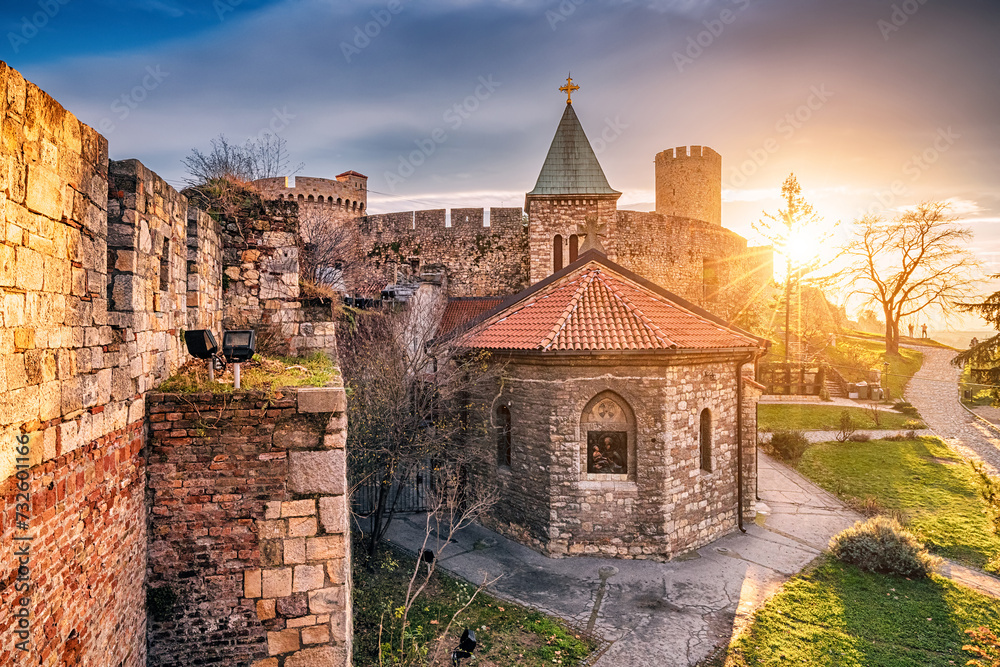 ancient stone towers and crosses of Belgrade's Kalemegdan fortress, a cherished site of Orthodox Christianity and a must-see destination in Serbia.