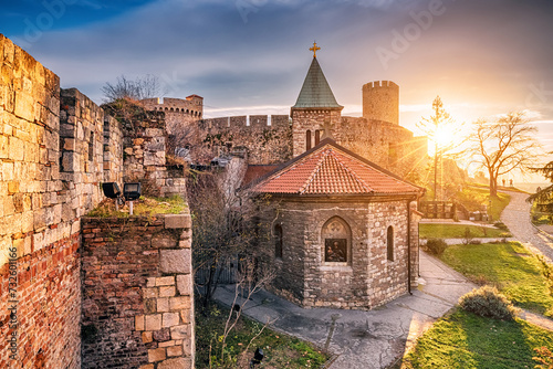 ancient stone towers and crosses of Belgrade's Kalemegdan fortress, a cherished site of Orthodox Christianity and a must-see destination in Serbia. photo