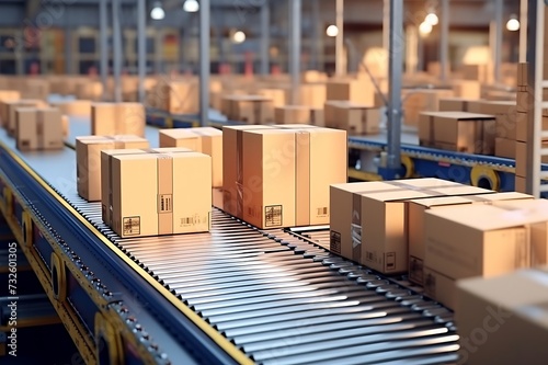Cardboard boxes on conveyor belt in warehouse.