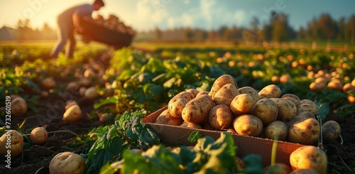 A Farmer Gathers Potatoes in the Field, Boxed Fresh Amidst the Earth, Signifying Peak Harvest Time at the Farm