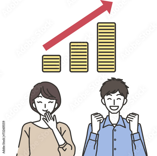 貯蓄が増えて喜ぶ女性と男性
