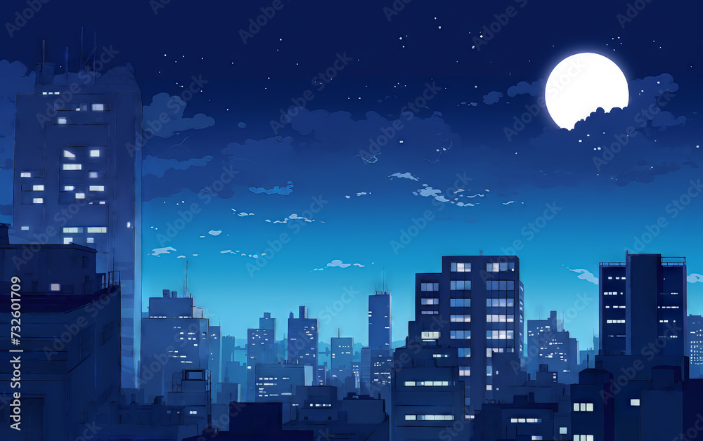 Cityscape at night with full moon. Vector illustration