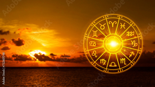 Quadro su tela Concept of astrology and horoscope, person inside a zodiac sign wheel, Astrological zodiac signs inside of horoscope circle, Astrology, knowledge of stars in the sky, power of the universe concept