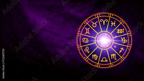 Concept of astrology and horoscope  person inside a zodiac sign wheel  Astrological zodiac signs inside of horoscope circle  Astrology  knowledge of stars in the sky  power of the universe concept.