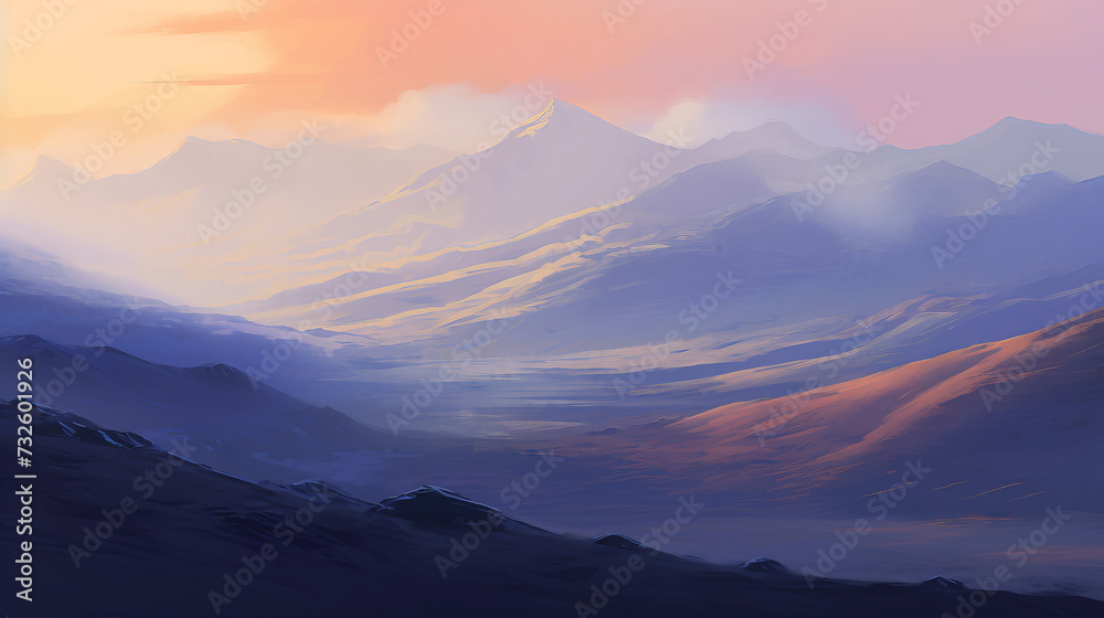 Illustration of a fantasy landscape with mountains and clouds at sunset