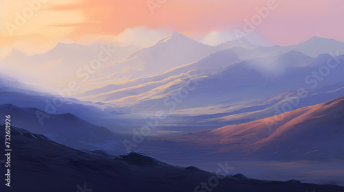 Illustration of a fantasy landscape with mountains and clouds at sunset