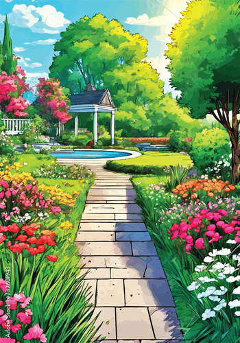 Garden landscape with vibrant flowers and greenery: Animation Vector illustration. Sunny courtyard area with Flowers and grass.	
