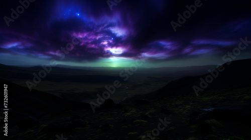 Fantasy alien planet. Mountain. Night sky