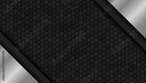 The dark background consists of reflective metallic lines. hexagonal metal texture background