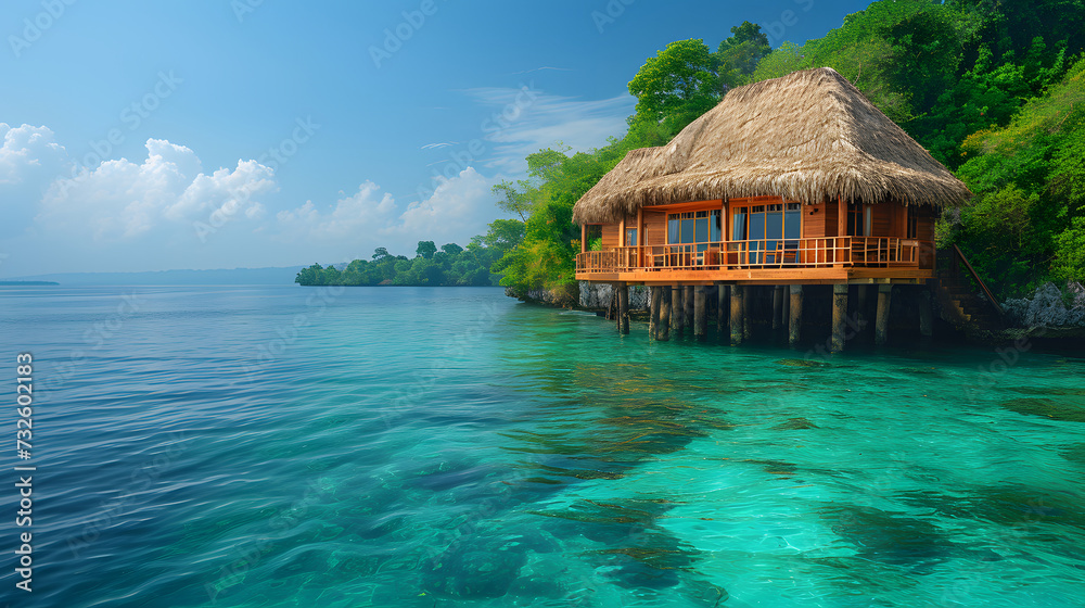 A tropical island with a thatched roof hut on stilts in the ocean. The water is crystal clear and blue. A tropical island with a thatched roof hut on stilts in the ocean. The water is crystal clear and blue.