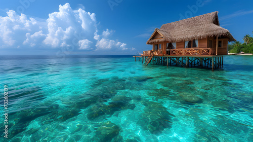 A tropical island with a thatched roof hut on stilts in the ocean. The water is crystal clear and blue. © wcirco