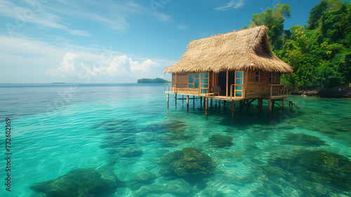 A tropical island with a thatched roof hut on stilts in the ocean. The water is crystal clear and blue.