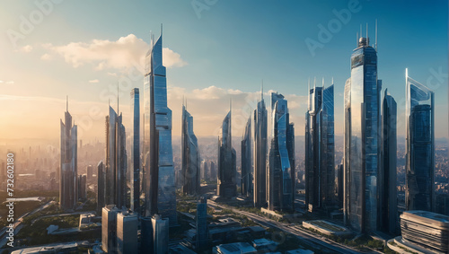 Cityscape image of a technologically advanced metropolis, a futuristic financial center with towering skyscrapers, set against a serene blue background with sunlight streaming through.