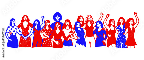 Different women stand side by side banner, support for women, society of young girls. Hand drawn minimalistic vector illustration.