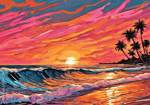 A Majestic Sunset with Palm Trees and Waves Animation Vector illustration.	
