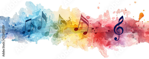Watercolor splashes with fluid, dynamic musical notes, isolated on a white background
