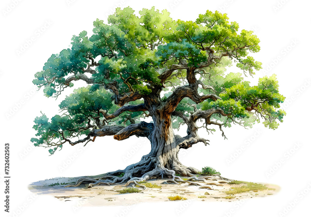 Watercolor painting tree with gnarled branches and lush green foliage, symbolizing age and vitality, isolated on a white background Watercolor painting tree with gnarled branches and lush green foliage, symbolizing age and vitality, isolated on a white background